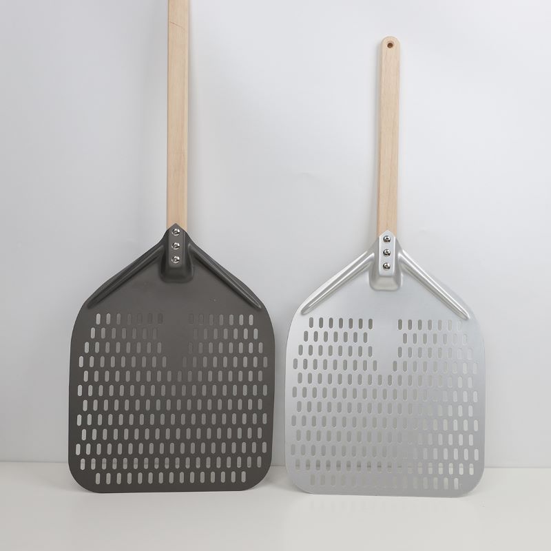 Houten handvat hard geanodiseerd 8inch 10inch geperforeerde aluminium pizza peel pilza schop pizza spatel pizza turner